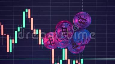 加密货币黄金比特币BTC比特币图表在电脑屏幕上的红蓝光比特币挖掘概念